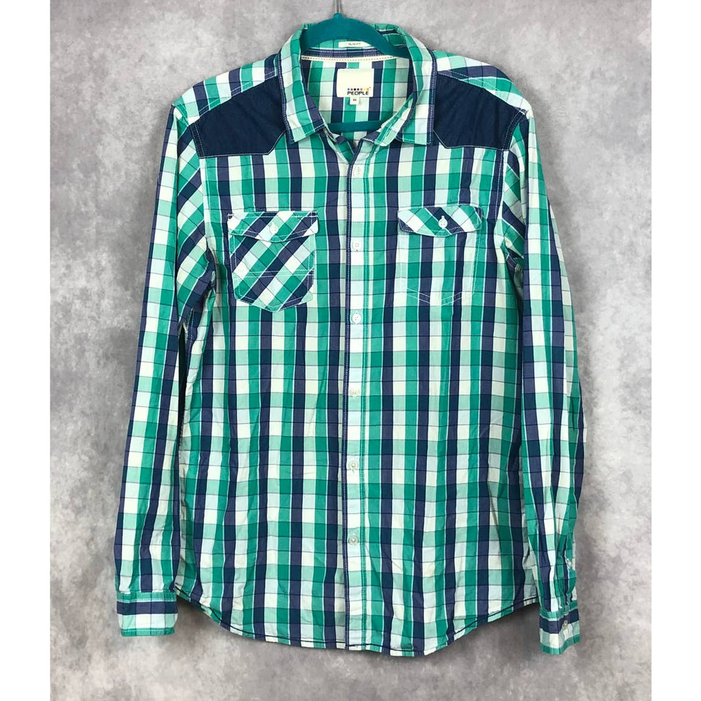 People Western Plaid Shirt Rodeo Button Up Long Sleeves Mens‎ Slim Fit Size 44